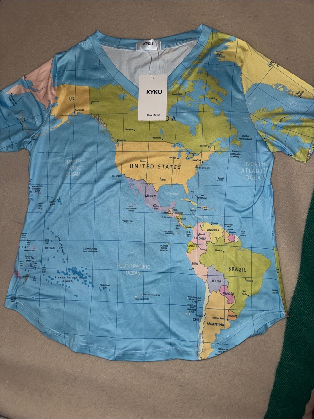 Light Blue Map-Print V-Neck Tee